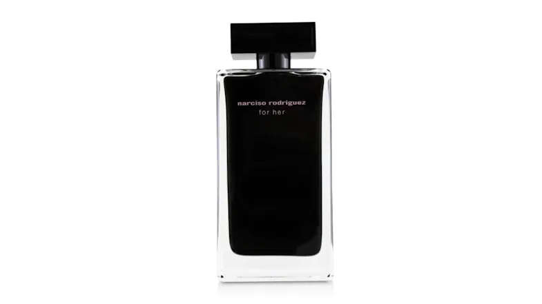 Black rectangular perfume bottle labelled Narciso Rodriguez for Her with a wide black cap Black rectangular perfume bottle labelled Narciso Rodriguez for Her with a wide black cap