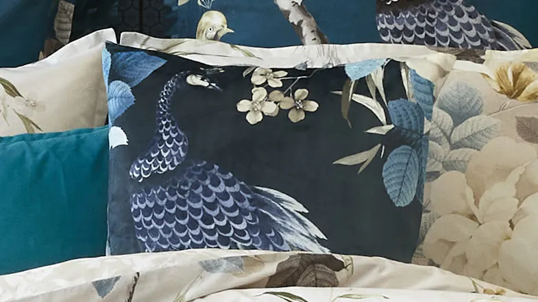 Peacock Navy Square Cushion by Luxotic Peacock Navy Square Cushion by Luxotic