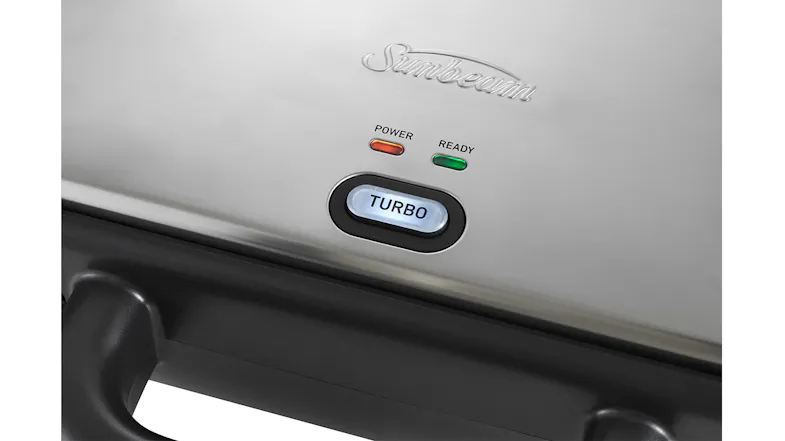 Close-up of sandwich maker lid showing power and ready indicator lights with a turbo button Close-up of sandwich maker lid showing power and ready indicator lights with a turbo button