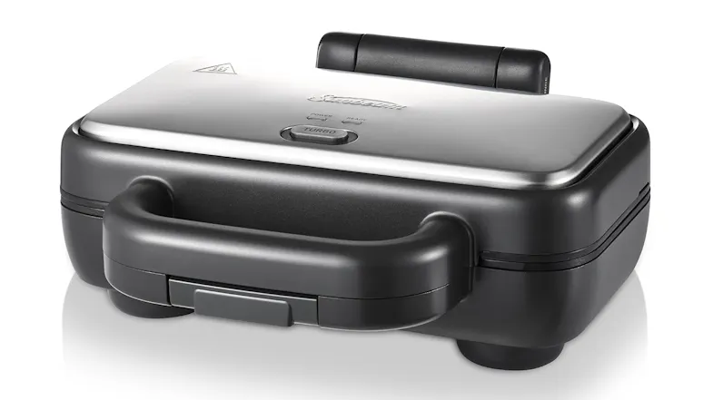 A stainless steel Sunbeam sandwich maker with a front handle and control button A stainless steel Sunbeam sandwich maker with a front handle and control button