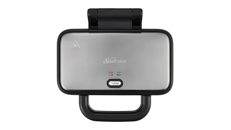 Compact stainless steel sandwich maker featuring a top control panel and sturdy front handle Compact stainless steel sandwich maker featuring a top control panel and sturdy front handle