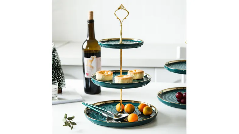Kmall 3-Tier Ceramic High Tea Cake Stand - Green/Gold Kmall 3-Tier Ceramic High Tea Cake Stand - Green/Gold