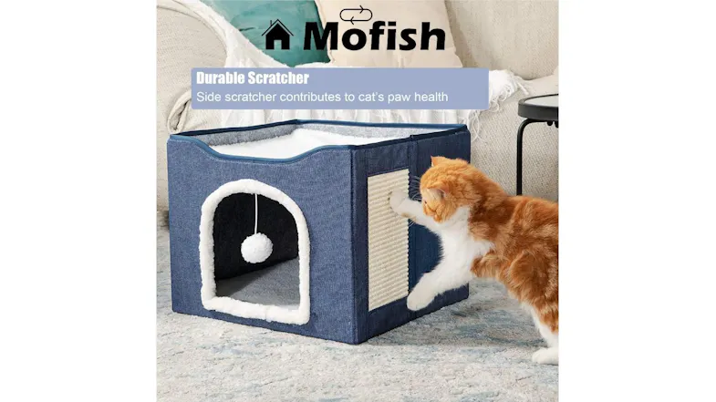 Kmall Collapsable Cat House with Removable Cushion, Sisal Scratchpad, Dangly Ball - Blue Kmall Collapsable Cat House with Removable Cushion, Sisal Scratchpad, Dangly Ball - Blue