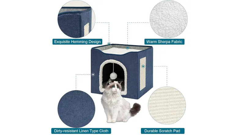 Kmall Collapsable Cat House with Removable Cushion, Sisal Scratchpad, Dangly Ball - Blue Kmall Collapsable Cat House with Removable Cushion, Sisal Scratchpad, Dangly Ball - Blue