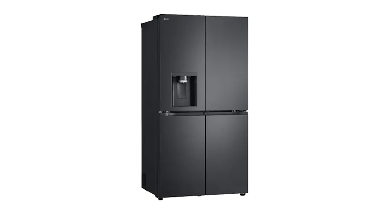Angled front-right view of the matte black Quad Door Smart Fridge Freezer with Ice & Water Dispenser Angled front-right view of the matte black Quad Door Smart Fridge Freezer with Ice & Water Dispenser