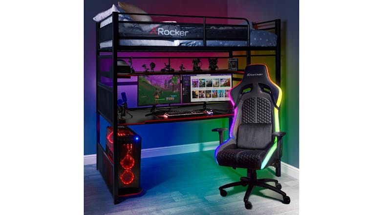 X Rocker BattleBunk Elevated Gaming Bed Frame with Desk, Shelf Cubby