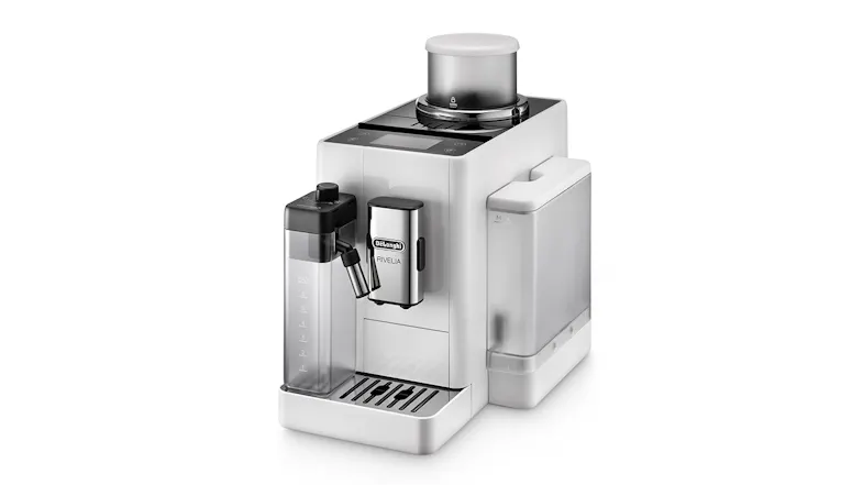 A left-angled view of a De’Longhi Rivelia espresso machine A left-angled view of a De’Longhi Rivelia espresso machine