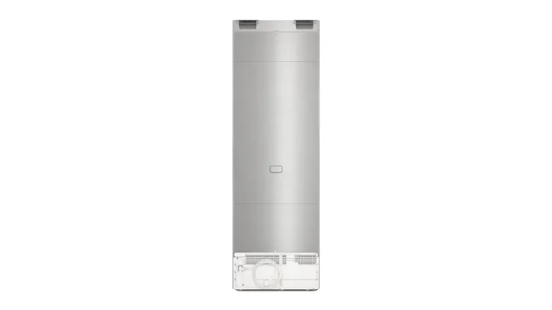 Rear view of Miele silver fridge showing ventilation grilles and lower cooling system components Rear view of Miele silver fridge showing ventilation grilles and lower cooling system components