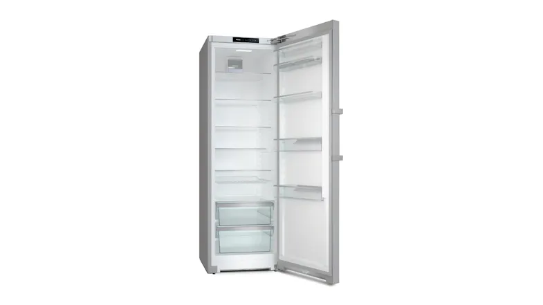 Open empty Miele fridge featuring adjustable glass shelves, door racks, and two spacious drawers at the bottom Open empty Miele fridge featuring adjustable glass shelves, door racks, and two spacious drawers at the bottom