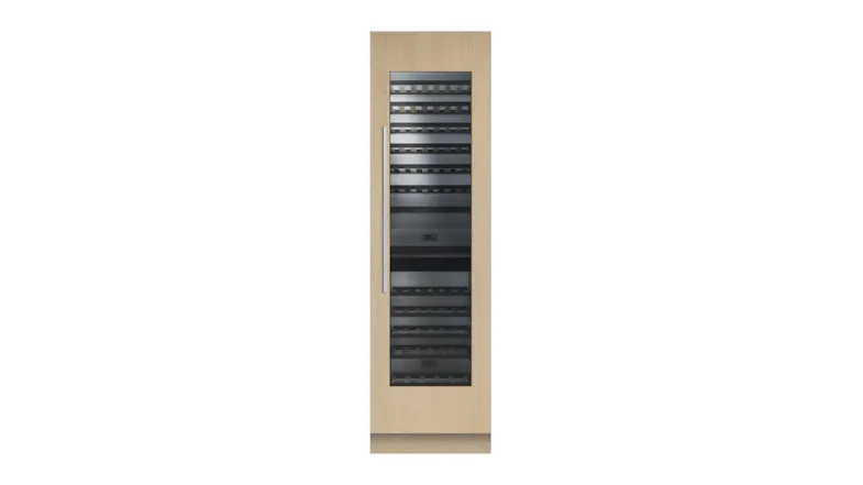 Wine fridge with light wood panel and glass door, showing empty black shelves inside Wine fridge with light wood panel and glass door, showing empty black shelves inside