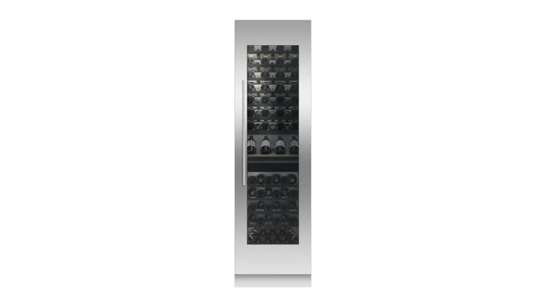 Wine fridge with stainless steel panel and glass door, filled with wine bottles on multiple shelves Wine fridge with stainless steel panel and glass door, filled with wine bottles on multiple shelves