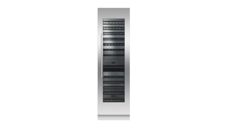 Fisher & Paykel wine fridge with stainless steel panel and glass door, displaying empty black shelves Fisher & Paykel wine fridge with stainless steel panel and glass door, displaying empty black shelves