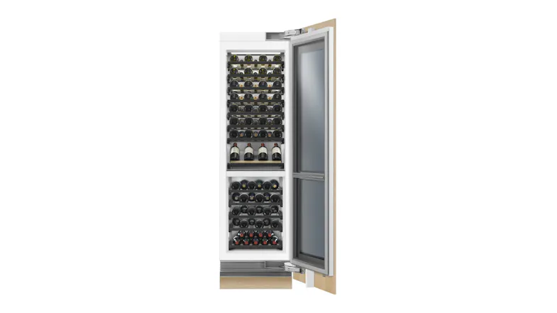 Open wine fridge with light wood panel, stocked with wine bottles arranged neatly on black shelves Open wine fridge with light wood panel, stocked with wine bottles arranged neatly on black shelves