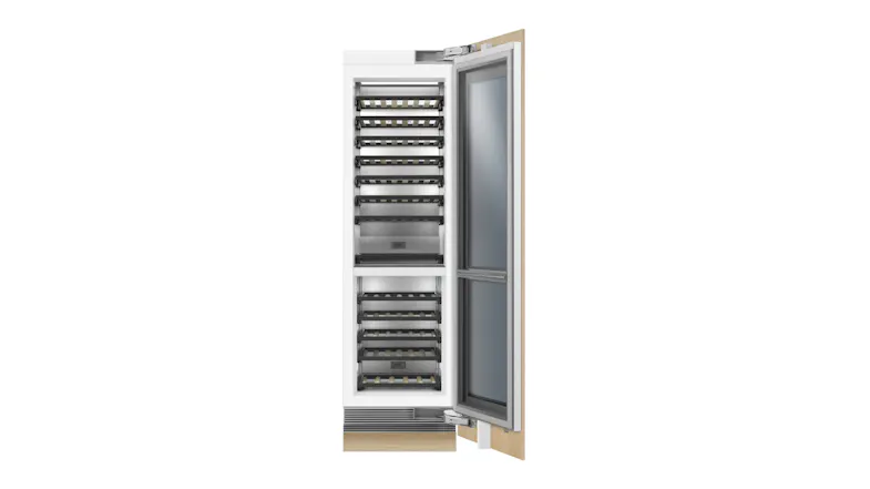 Open wine fridge with light wood panel, showing empty black shelves and interior lighting Open wine fridge with light wood panel, showing empty black shelves and interior lighting