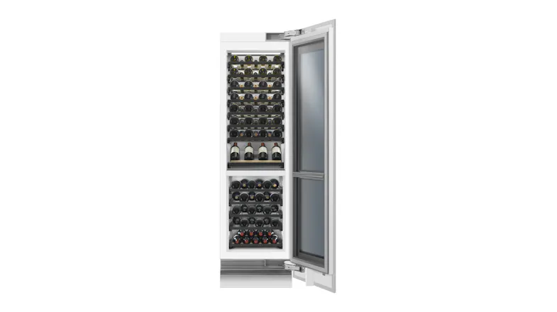 Open wine fridge with stainless steel panel, stocked with wine bottles arranged neatly on black shelves Open wine fridge with stainless steel panel, stocked with wine bottles arranged neatly on black shelves