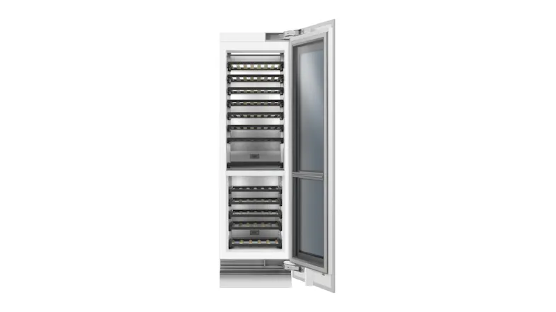 Open wine fridge with stainless steel panel, showing empty black shelves and interior lighting Open wine fridge with stainless steel panel, showing empty black shelves and interior lighting