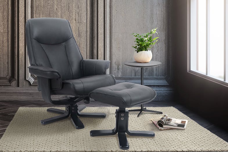 Taby Leather Recliner and Footstool - Black