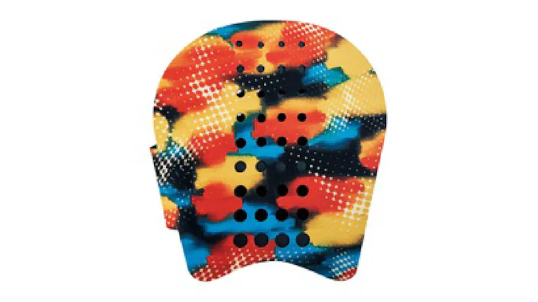 A back view of a battle bird voli paddle showing a bold multicoloured surface and vent holes A back view of a battle bird voli paddle showing a bold multicoloured surface and vent holes