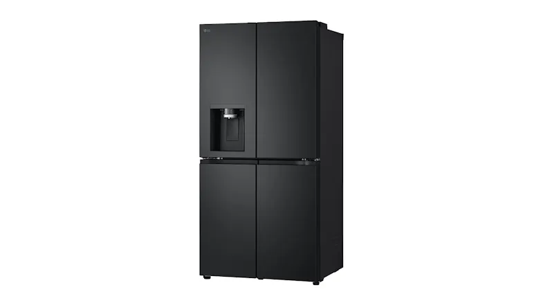 Angle left side view of a fridge freezer in a stylish matte black colour Angle left side view of a fridge freezer in a stylish matte black colour