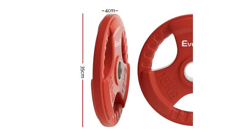 Red 15kg Everfit weight plate shown front and side with dimensions labelled 35cm diameter and 4cm thickness Red 15kg Everfit weight plate shown front and side with dimensions labelled 35cm diameter and 4cm thickness