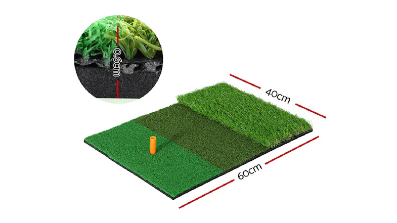 A golf tee mat with labelled dimensions 60 × 40 cm and 0.6 cm thickness, featuring three grass textures and a tee A golf tee mat with labelled dimensions 60 × 40 cm and 0.6 cm thickness, featuring three grass textures and a tee