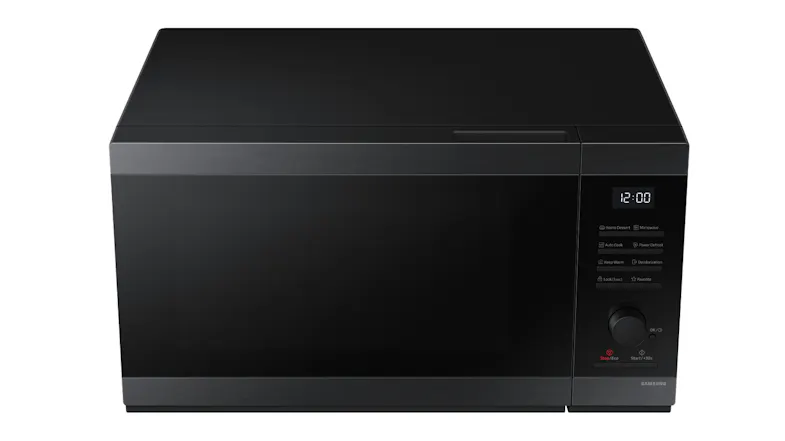 A microwave with the door open, showing a blue interior cavity, right‑side digital display and controls A microwave with the door open, showing a blue interior cavity, right‑side digital display and controls