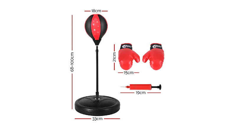 Boxing reflex ball set with labelled dimensions, including stand height, base size, gloves, and pump Boxing reflex ball set with labelled dimensions, including stand height, base size, gloves, and pump