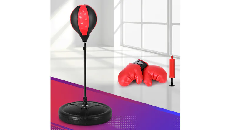 Boxing reflex ball set with stand, red gloves, and pump displayed on a colourful indoor background Boxing reflex ball set with stand, red gloves, and pump displayed on a colourful indoor background