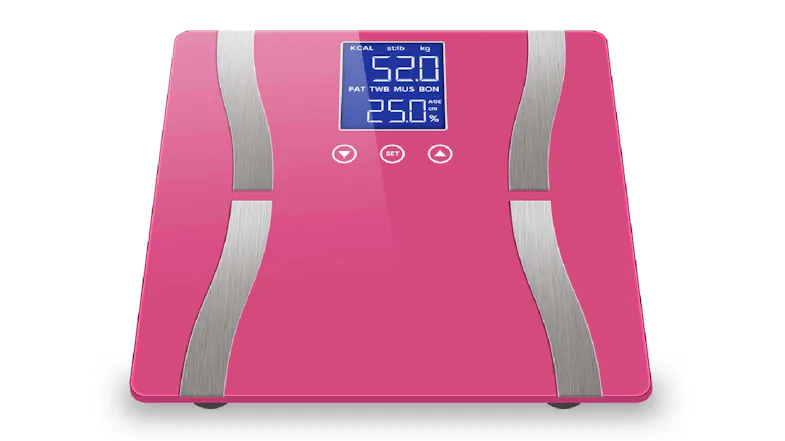 Digital bathroom scale with silver strips and an LCD screen displaying weight and body metrics Digital bathroom scale with silver strips and an LCD screen displaying weight and body metrics