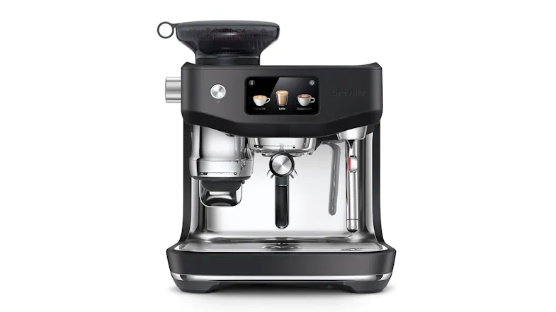 A Breville espresso machine with a grinder, touchscreen drink options, a portafilter, and a steam wand A Breville espresso machine with a grinder, touchscreen drink options, a portafilter, and a steam wand