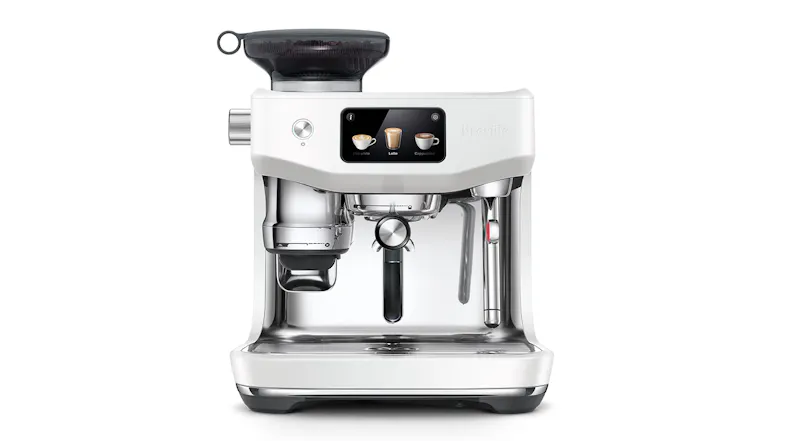 A Breville espresso machine with a digital display showing drink options and a portafilter attached. A Breville espresso machine with a digital display showing drink options and a portafilter attached.