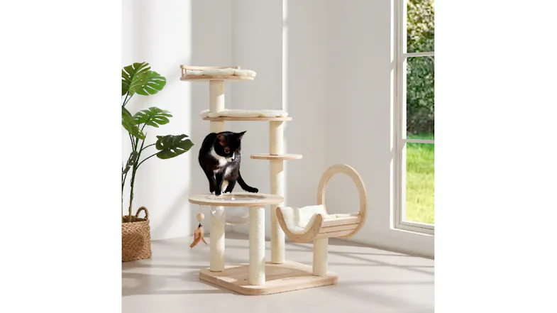 Charlie's "Galaxy" Wooden Five Tier Cat Scratcher & Tree with Cubby, Bed 146cm - Cream Charlie's "Galaxy" Wooden Five Tier Cat Scratcher & Tree with Cubby, Bed 146cm - Cream