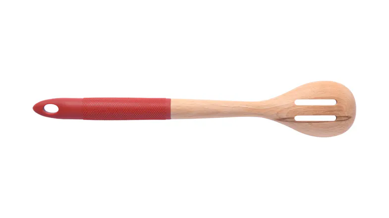 Gourmet Kitchen Wooden Slotted Spoon with Rubberised Handle - Red Gourmet Kitchen Wooden Slotted Spoon with Rubberised Handle - Red