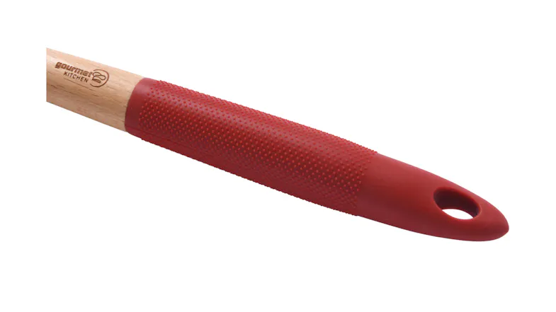 Gourmet Kitchen Wooden Slotted Spoon with Rubberised Handle - Red Gourmet Kitchen Wooden Slotted Spoon with Rubberised Handle - Red