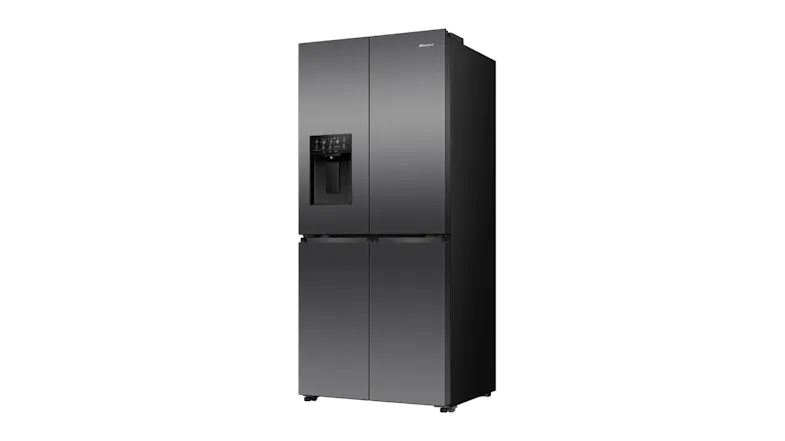 Angled view of a black Hisense Quad Door fridge with a built-in water dispenser Angled view of a black Hisense Quad Door fridge with a built-in water dispenser