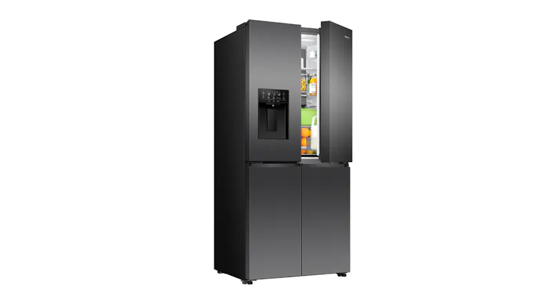 Hisense fridge with the top right door slightly open to reveal the bright LED-lit interior Hisense fridge with the top right door slightly open to reveal the bright LED-lit interior
