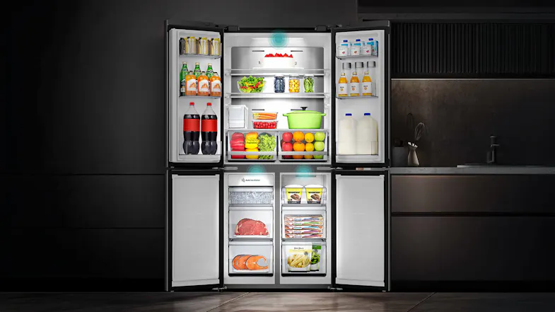 Hisense 483L Quad Door Fridge Freezer integrated into a modern black themed kitchen Hisense 483L Quad Door Fridge Freezer integrated into a modern black themed kitchen