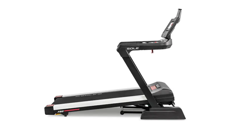 Black SOLE treadmill with control panel and durable running surface Black SOLE treadmill with control panel and durable running surface