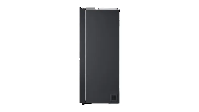 Side-on view showing the flat profile and thin door depth of the LG black refrigerator Side-on view showing the flat profile and thin door depth of the LG black refrigerator