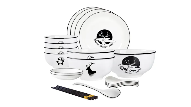 SOGA Japanese-Inspired Rounded Dinnerware Set for Four 22pcs. - Deer Print Design SOGA Japanese-Inspired Rounded Dinnerware Set for Four 22pcs. - Deer Print Design
