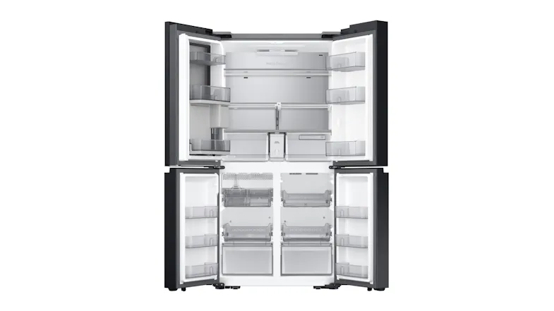 Quad door smart fridge freezer showing empty shelves and bins Quad door smart fridge freezer showing empty shelves and bins