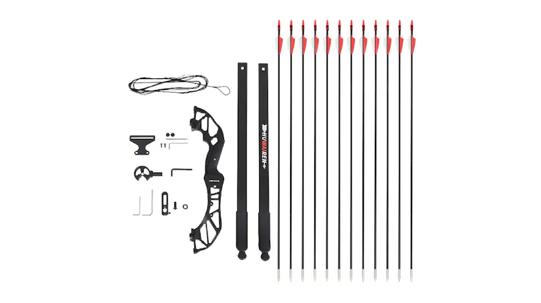 Breakdown of a beginner archery set showing separate bow parts, tools, and a neat row of arrows Breakdown of a beginner archery set showing separate bow parts, tools, and a neat row of arrows