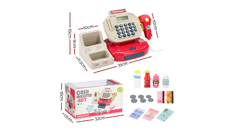 Keezi Kids Electronic Cash Register Play Set with Play Money, Produce, Scanner Keezi Kids Electronic Cash Register Play Set with Play Money, Produce, Scanner
