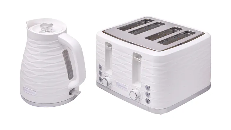 A top-down angle of a 1.7L kettle and a matching 4‑slice toaster set A top-down angle of a 1.7L kettle and a matching 4‑slice toaster set