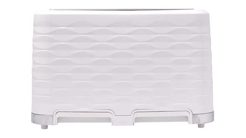 Back view of the toaster, highlighting its smooth textured surface and silver accents along the bottom edge Back view of the toaster, highlighting its smooth textured surface and silver accents along the bottom edge
