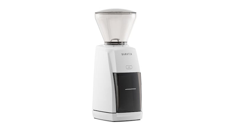 White Baratza Encore coffee grinder with a clear bean hopper and black grounds bin White Baratza Encore coffee grinder with a clear bean hopper and black grounds bin