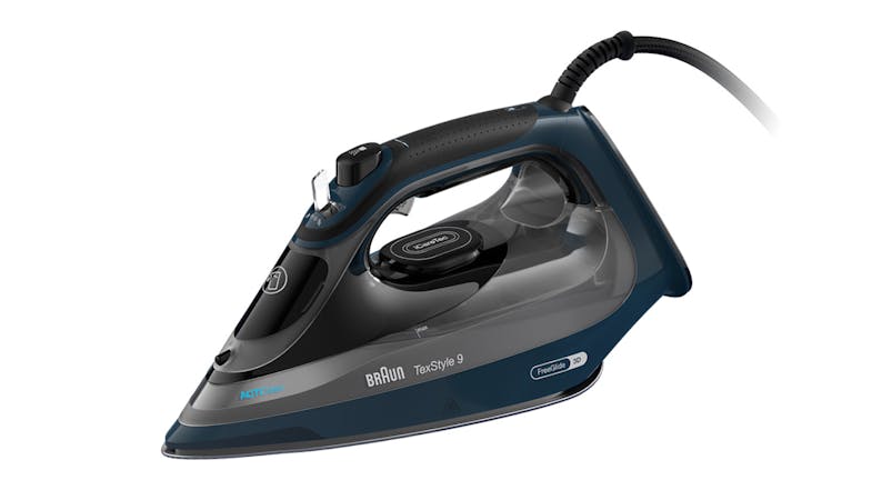 A dark blue Braun TexStyle 9 steam iron with a pointed soleplate and ergonomic handle A dark blue Braun TexStyle 9 steam iron with a pointed soleplate and ergonomic handle
