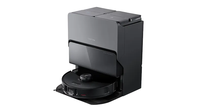 Angled view of a black Roborock S8 MaxV Ultra robotic vacuum docked in a tall self‑emptying base station Angled view of a black Roborock S8 MaxV Ultra robotic vacuum docked in a tall self‑emptying base station