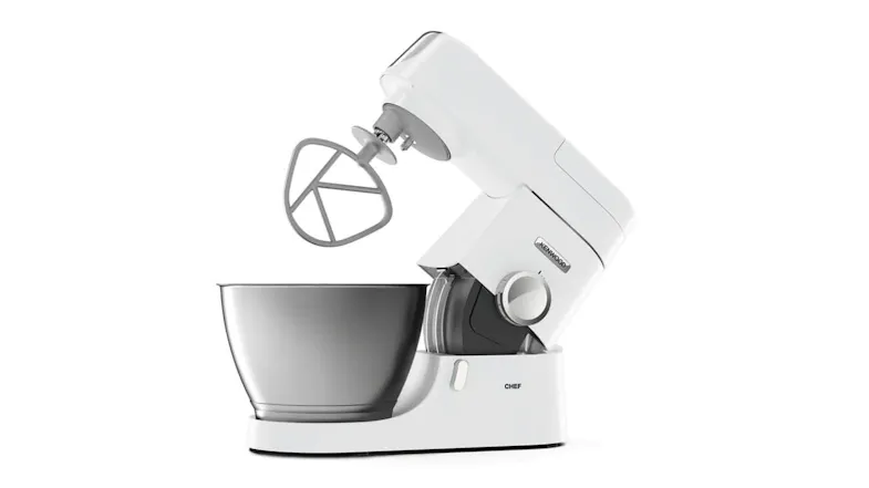 Kenwood Chef 4.6L white stand mixer with the head tilted up, showing the K‑beater attachment Kenwood Chef 4.6L white stand mixer with the head tilted up, showing the K‑beater attachment