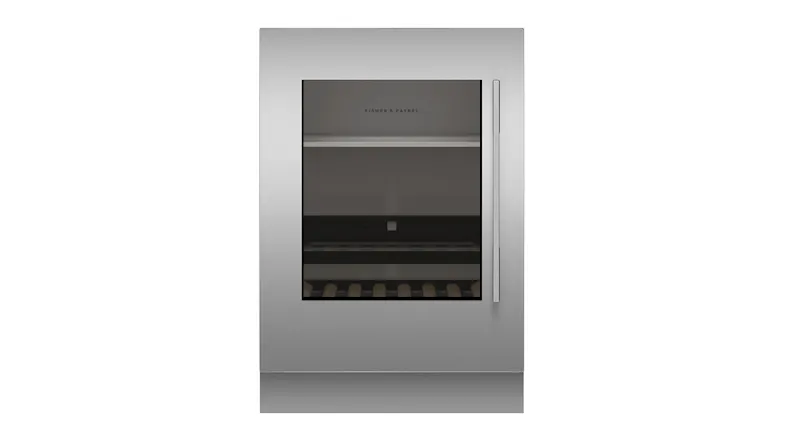 Front view of a Series 9 Bar Fridge with a custom stainless steel panel and glass door with vertical handle Front view of a Series 9 Bar Fridge with a custom stainless steel panel and glass door with vertical handle
